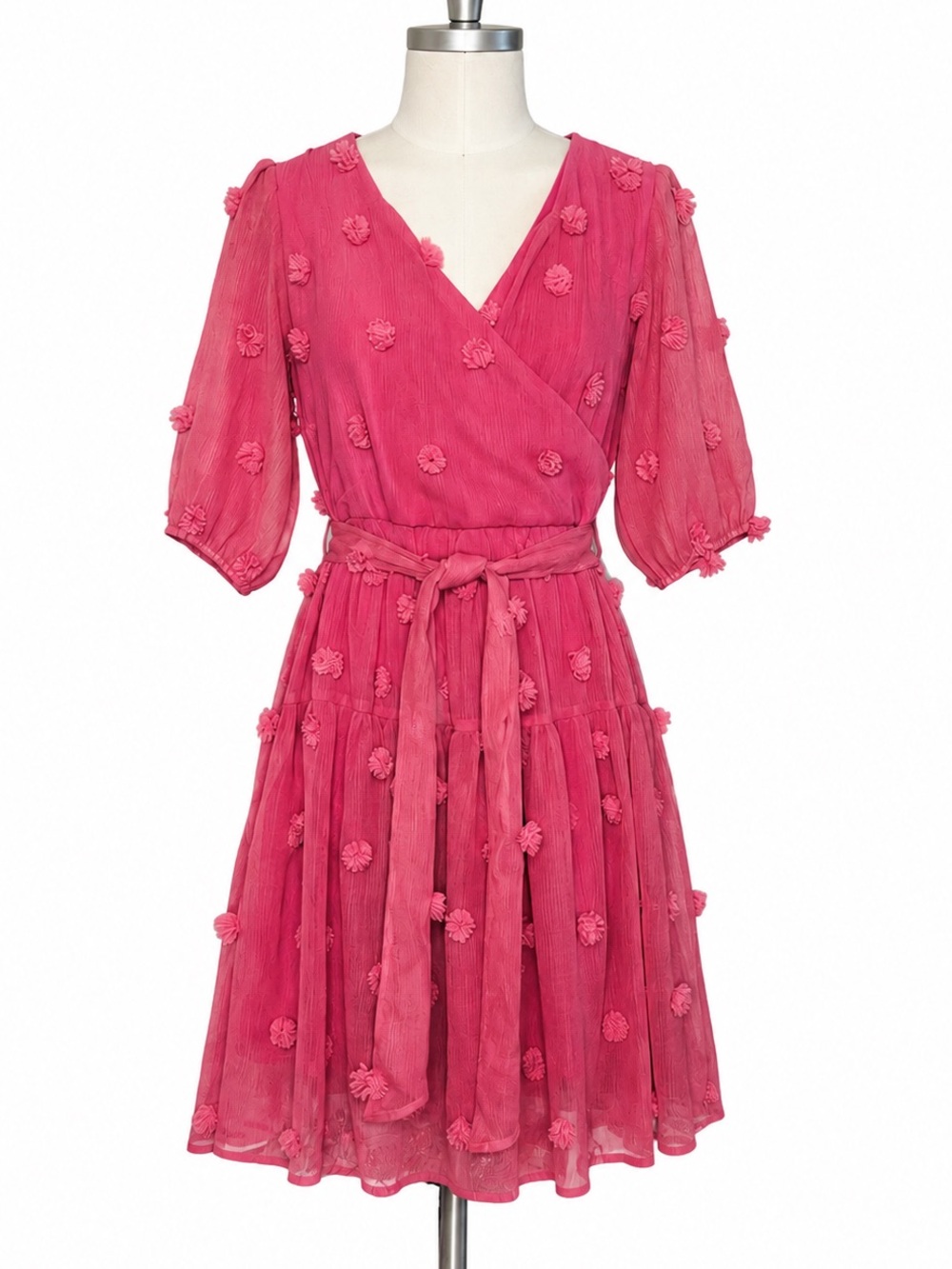 Ivy City Co Pink Swiss Dot Pom Pom Wrap Dress Cottagecore Barbiecore L
